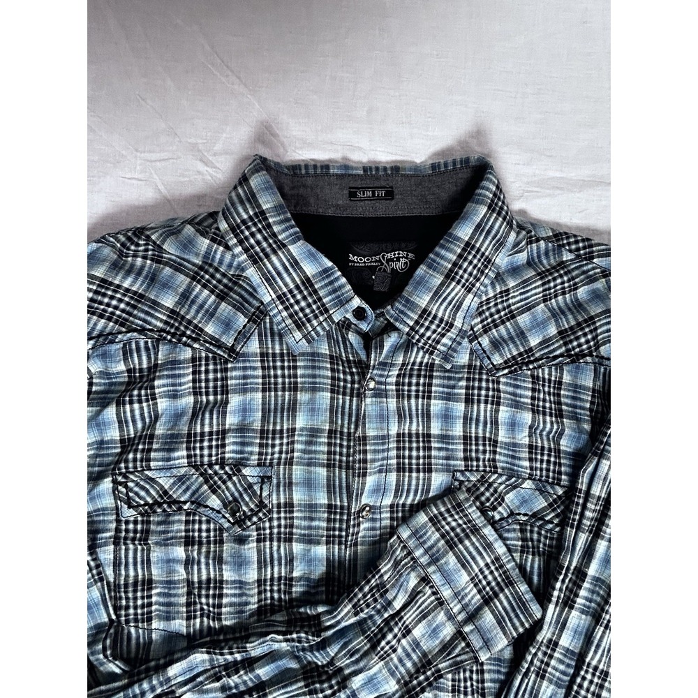 Moon Shine Spirit Shirt Men's XXL Plaid Button Up Pearl Snap Western Blue